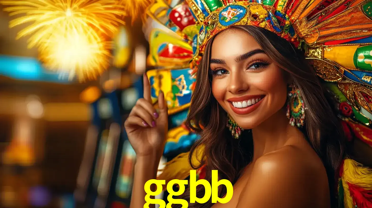 Mulher sorridente com um cocar de carnaval vibrante e colorido, celebrando uma grande vitória nos jogos do cassino ggbb com fogos de artifício ao fundo.