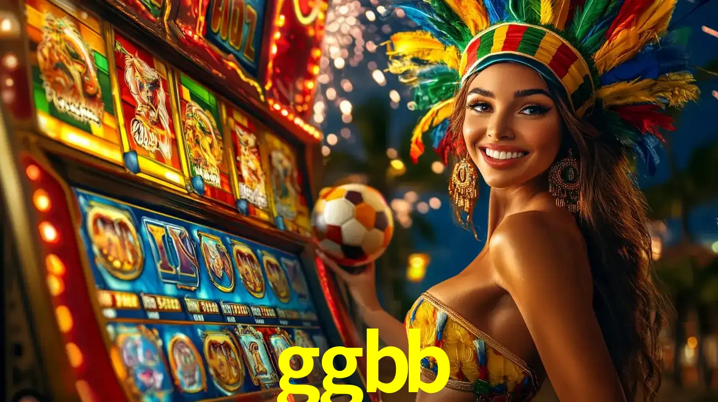 Mulher com um cocar de carnaval ao lado de uma máquina de caça-níqueis enquanto segura uma bola de futebol, mostrando a união da diversão de cassino e esportes no ggbb.