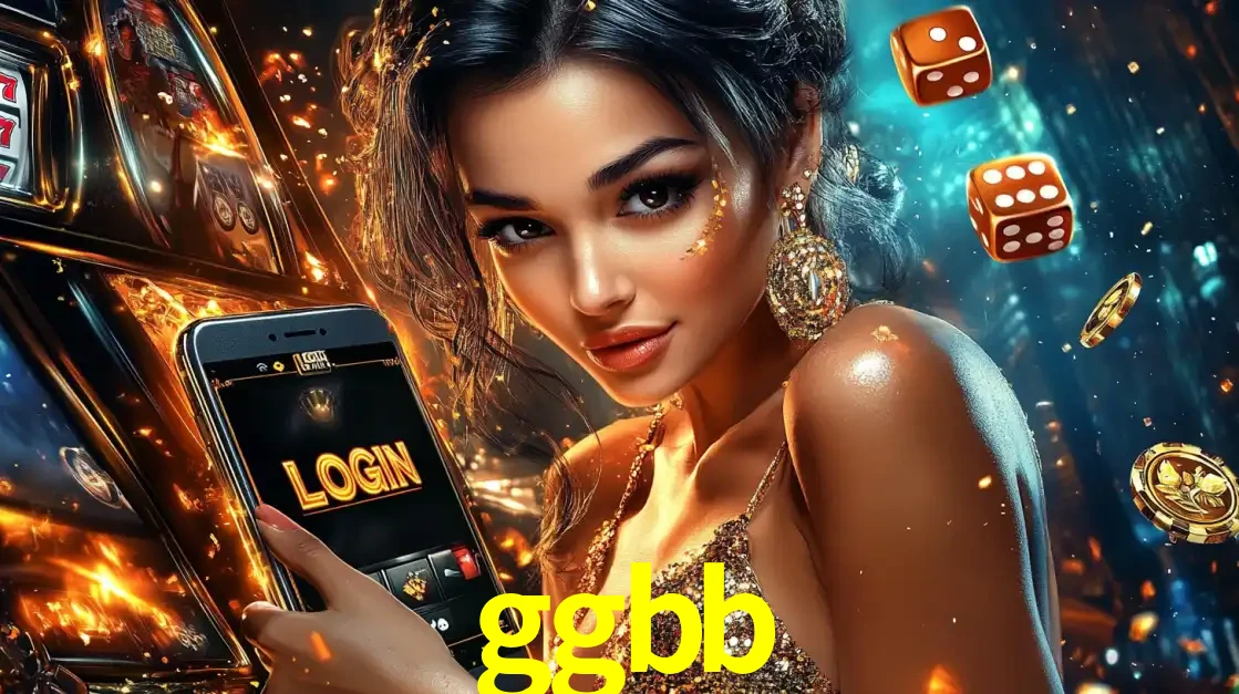 Mulher glamourosa segurando um celular com a tela de login do cassino ggbb, rodeada por dados e moedas douradas, pronta para começar a diversão.