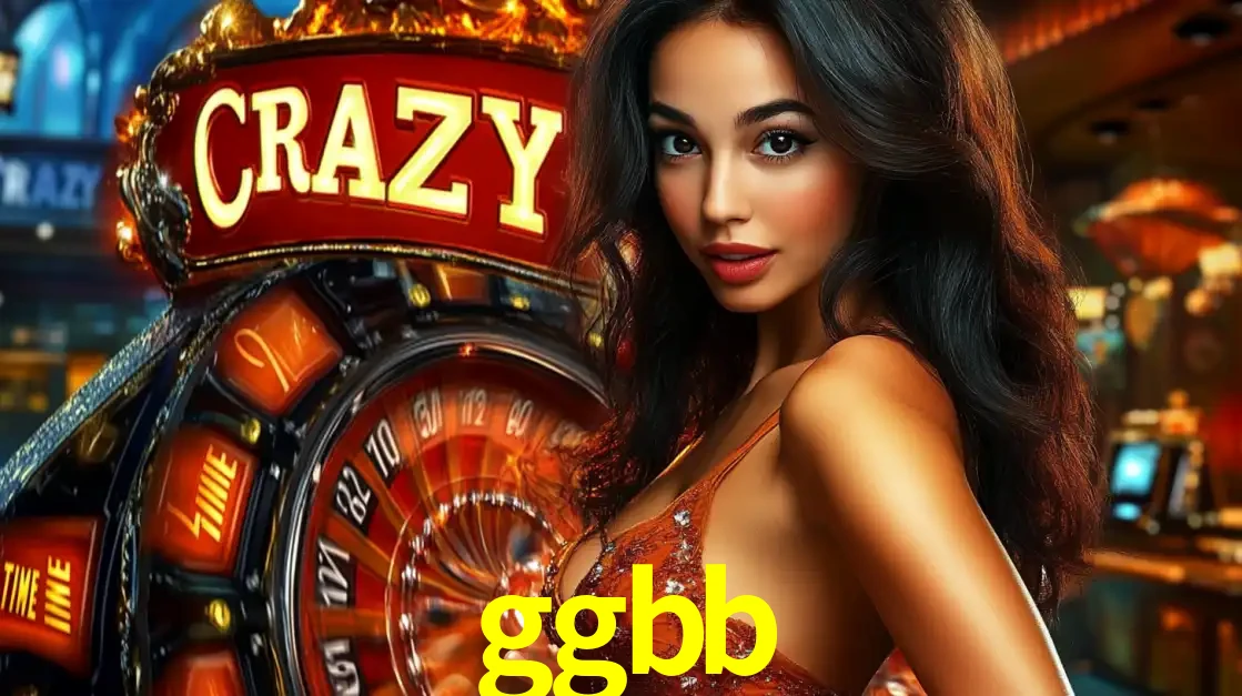 Mulher glamourosa olhando para a câmera com a roda vermelha do Crazy Time ao fundo em um ambiente de cassino, destacando a emoção dos jogos ao vivo no ggbb.