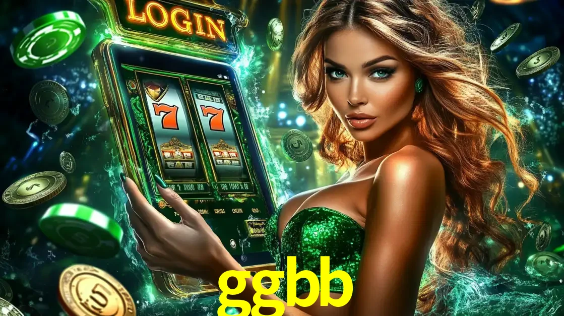 Mulher com tema verde apresentando o aplicativo do cassino ggbb com um jogo de slot de 777, cercada por fichas de cassino e uma aura de sorte.