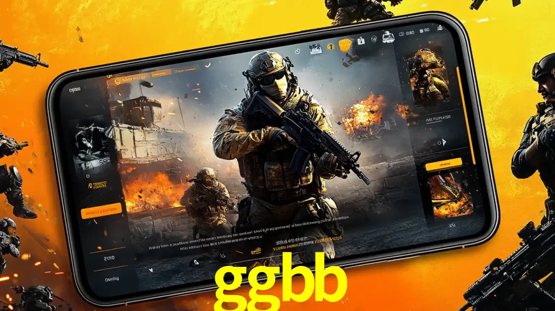 Um smartphone exibindo a interface de um jogo de tiro em primeira pessoa, com um soldado em um cenário de batalha, representando a ação dos e-sports para apostar no ggbb.