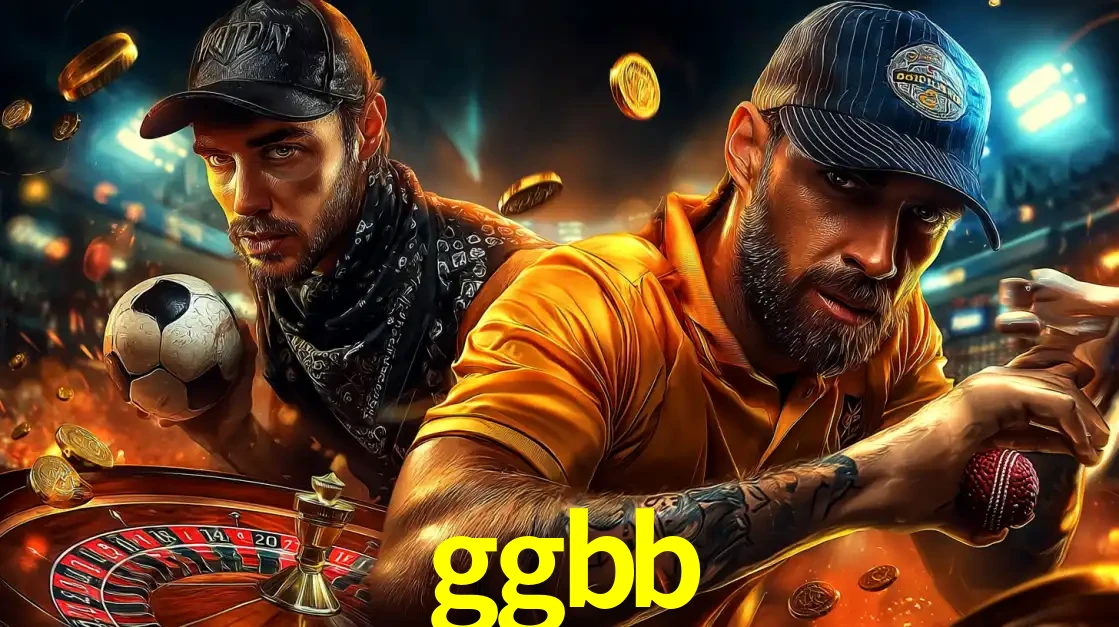 Montagem de apostas esportivas e cassino no ggbb, com um homem segurando uma bola de futebol e outro uma de beisebol sobre uma roleta e moedas voadoras.