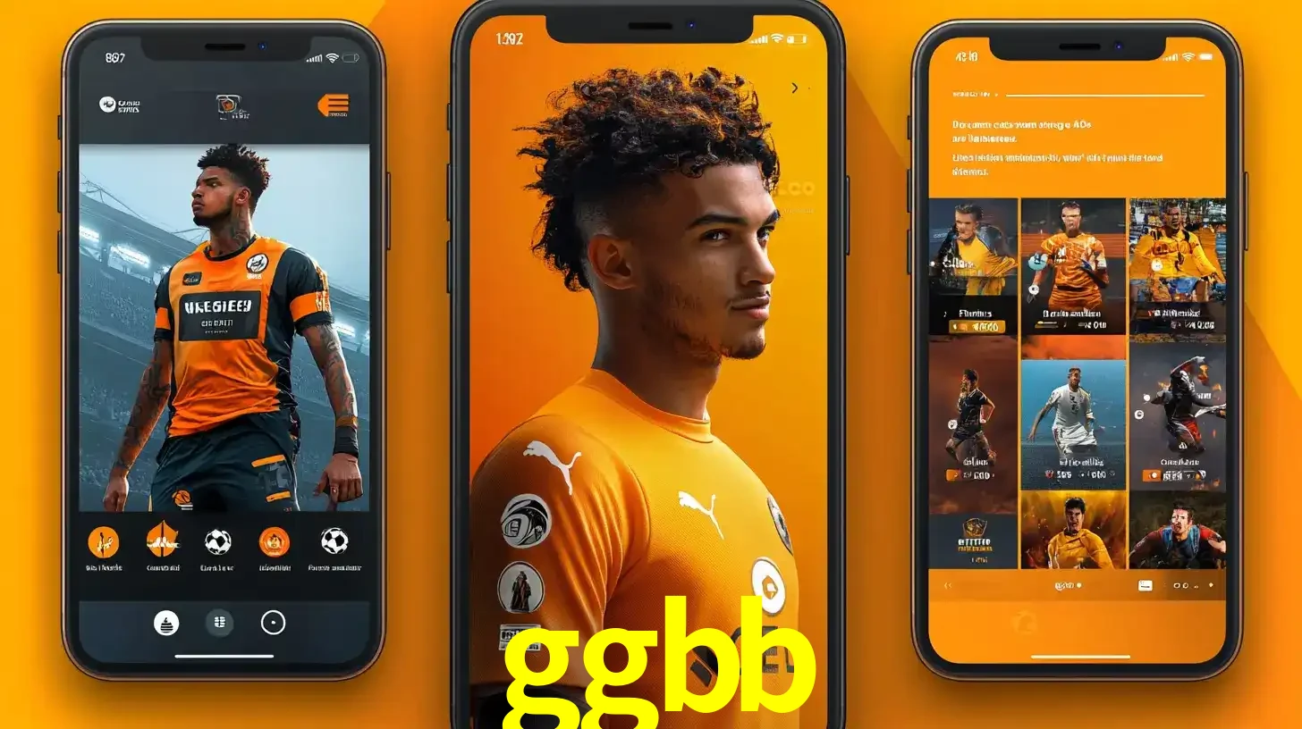 Interface do aplicativo de apostas esportivas ggbb em três telas de celular, mostrando o perfil de um jogador de futebol e a lista de jogos disponíveis para apostar.
