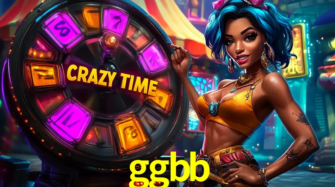 Mulher estilizada com cabelo azul e visual vibrante posando ao lado da roda de prêmios do game show Crazy Time, convidando para a diversão e os bônus do cassino ggbb.