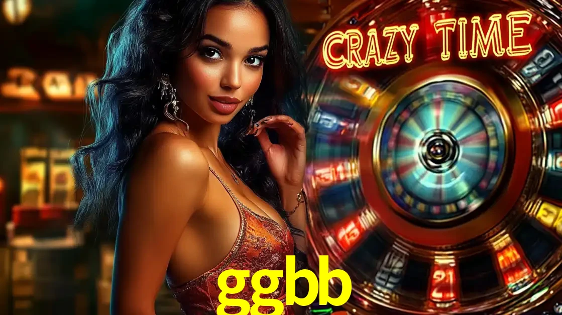 Mulher elegante ao lado da vibrante roda da fortuna do jogo de cassino ao vivo Crazy Time, um dos game shows mais populares e cheios de prêmios do ggbb.