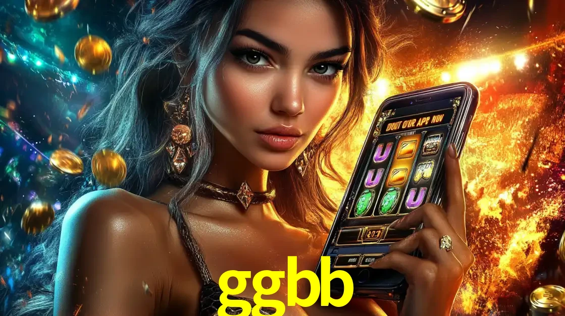 Mulher elegante mostrando um jogo de caça-níqueis em seu smartphone, destacando a experiência de cassino móvel oferecida pelo aplicativo ggbb.