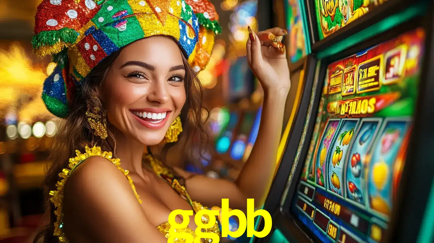 Mulher feliz com traje de carnaval amarelo e colorido ao lado de uma máquina de caça-níqueis, aproveitando a diversão e os jogos temáticos do cassino ggbb.