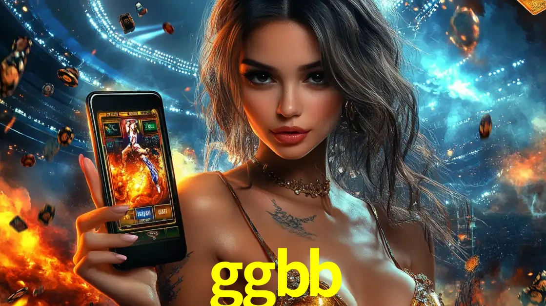Mulher segurando um celular com um jogo de slot em destaque, tendo como fundo um estádio vibrante, simbolizando a emoção de jogar no cassino móvel ggbb.