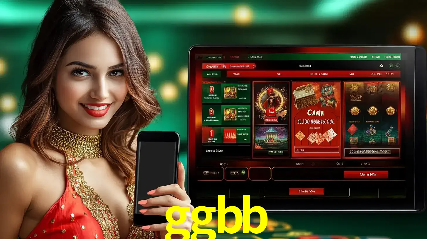Mulher sorridente segurando um smartphone, ao lado de uma tela exibindo o lobby de jogos do cassino online ggbb, com várias opções de jogos de cartas e slots.